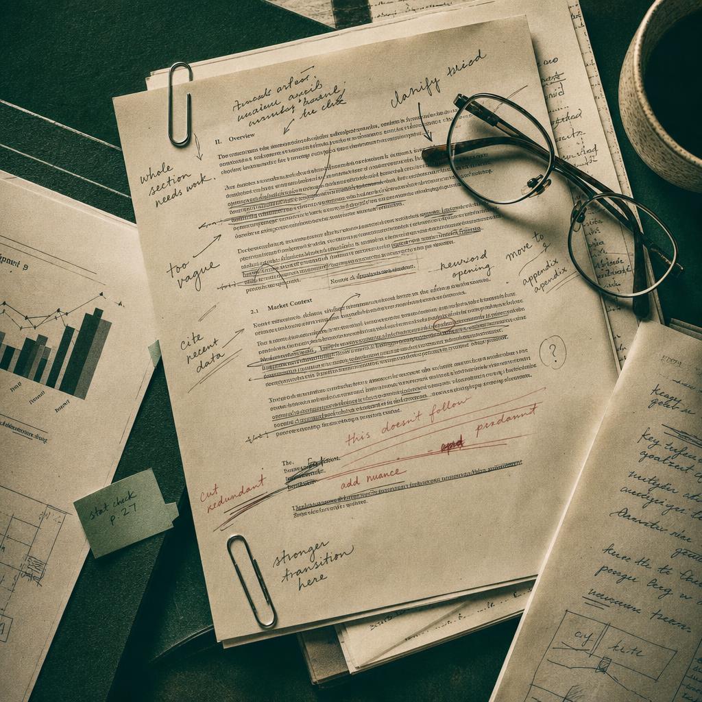Diligence documents heavily annotated in pen spread across a working table