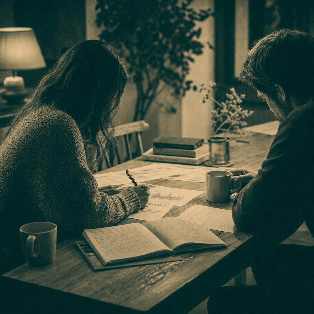 Two people working through institutional planning documents at a table during a transformation session